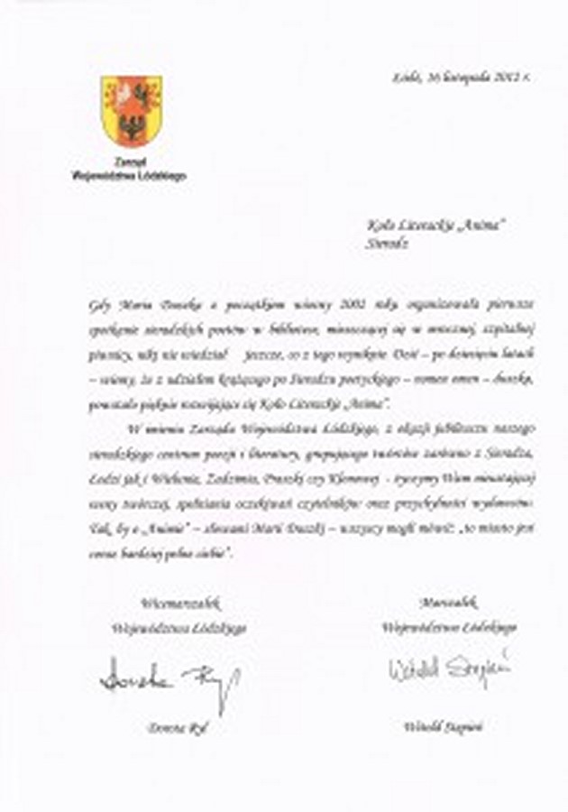 Pismo z gratulacjami i życzeniami od Zarządu Województwa Łódzkiego 