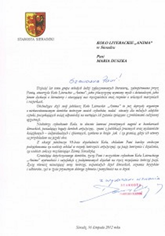 Pismo z gratulacjami i życzeniami od Starosty Sieradzkiego pana Dariusza Olejnika